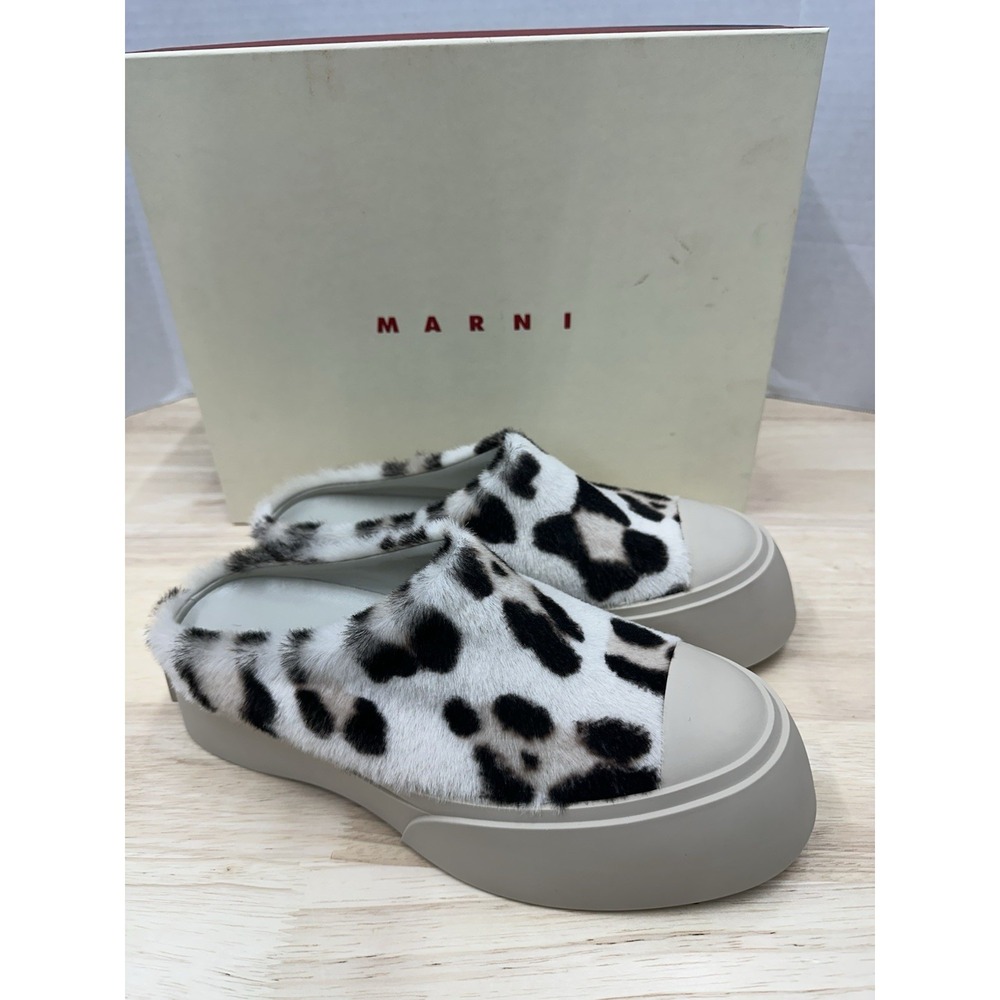 MARNI Women's 40 Leopard Print Animalier Fur Slip On Shoes Slippers - New